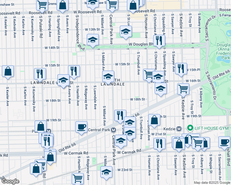 map of restaurants, bars, coffee shops, grocery stores, and more near 1650 South Central Park Avenue in Chicago