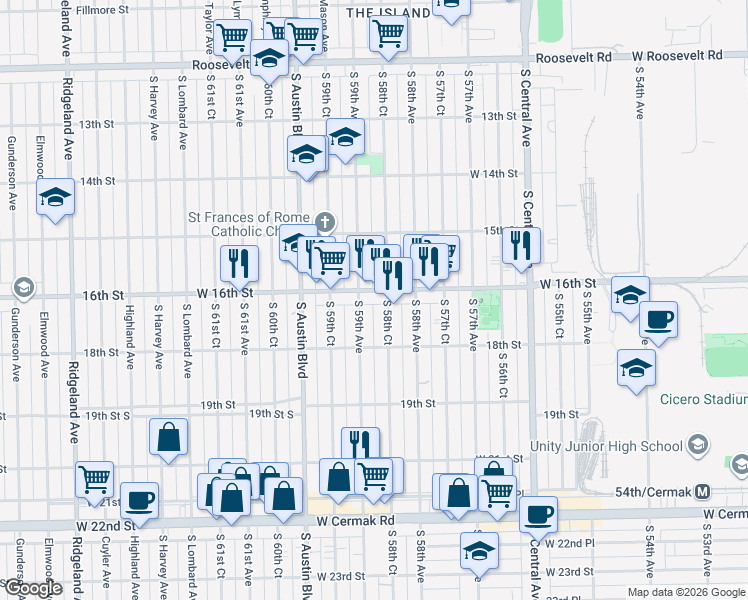 map of restaurants, bars, coffee shops, grocery stores, and more near 1617 South 59th Avenue in Cicero