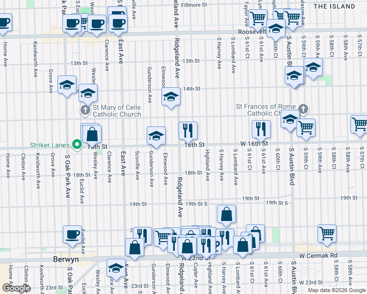 map of restaurants, bars, coffee shops, grocery stores, and more near 1614 Cuyler Avenue in Berwyn