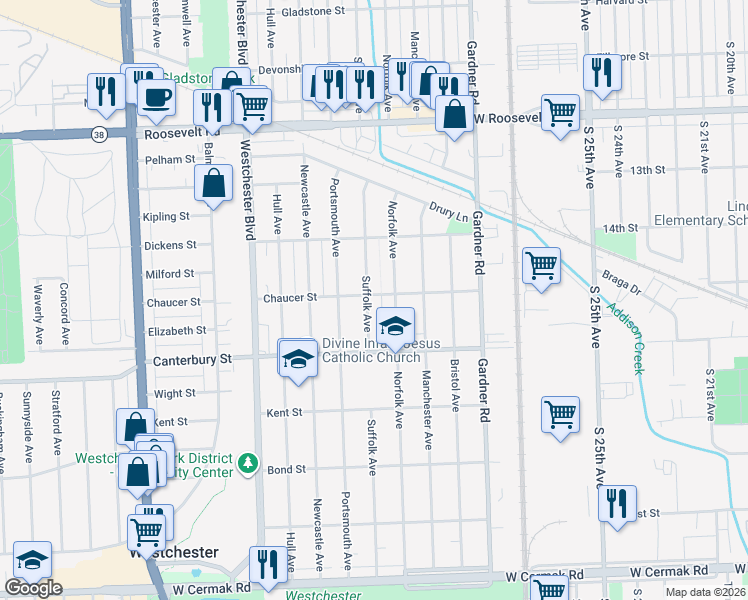 map of restaurants, bars, coffee shops, grocery stores, and more near 1516 Norfolk Avenue in Westchester