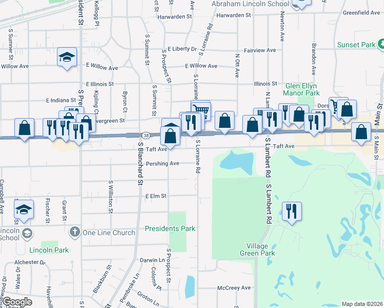 map of restaurants, bars, coffee shops, grocery stores, and more near 1720 Pershing Avenue in Wheaton