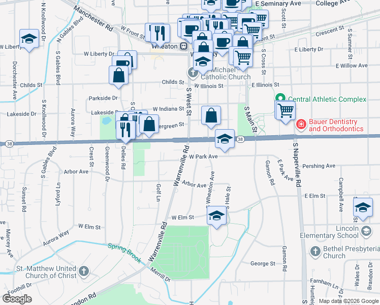 map of restaurants, bars, coffee shops, grocery stores, and more near 807 Warrenville Road in Wheaton