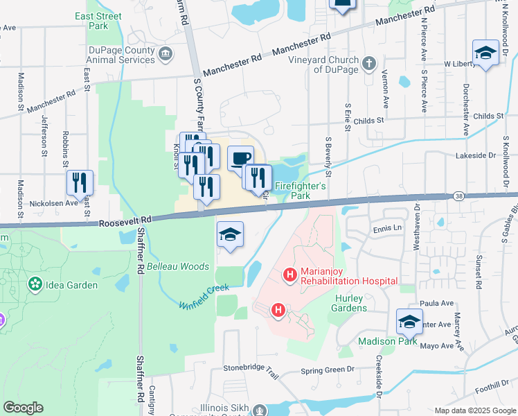 map of restaurants, bars, coffee shops, grocery stores, and more near 2084 Roosevelt Road in Wheaton