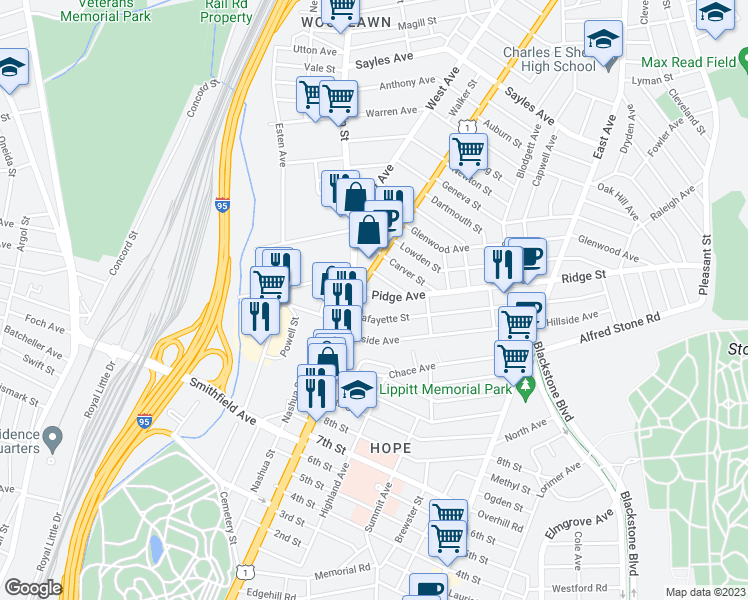 map of restaurants, bars, coffee shops, grocery stores, and more near 170 Pidge Avenue in Pawtucket