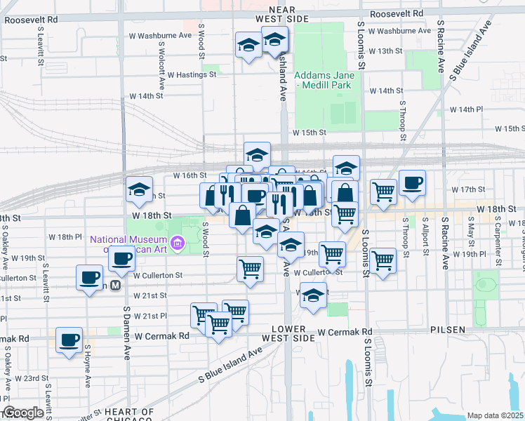 map of restaurants, bars, coffee shops, grocery stores, and more near 1631 West 18th Street in Chicago