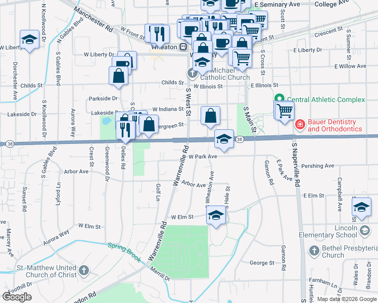 map of restaurants, bars, coffee shops, grocery stores, and more near 807 Warrenville Road in Wheaton