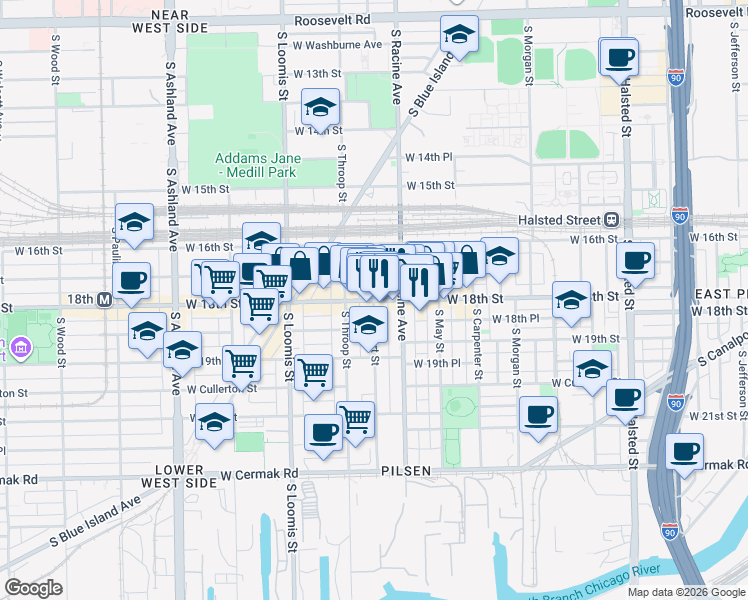 map of restaurants, bars, coffee shops, grocery stores, and more near W 18th St & S Allport St in Chicago