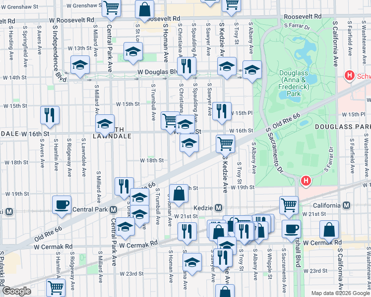 map of restaurants, bars, coffee shops, grocery stores, and more near 1635 South Christiana Avenue in Chicago