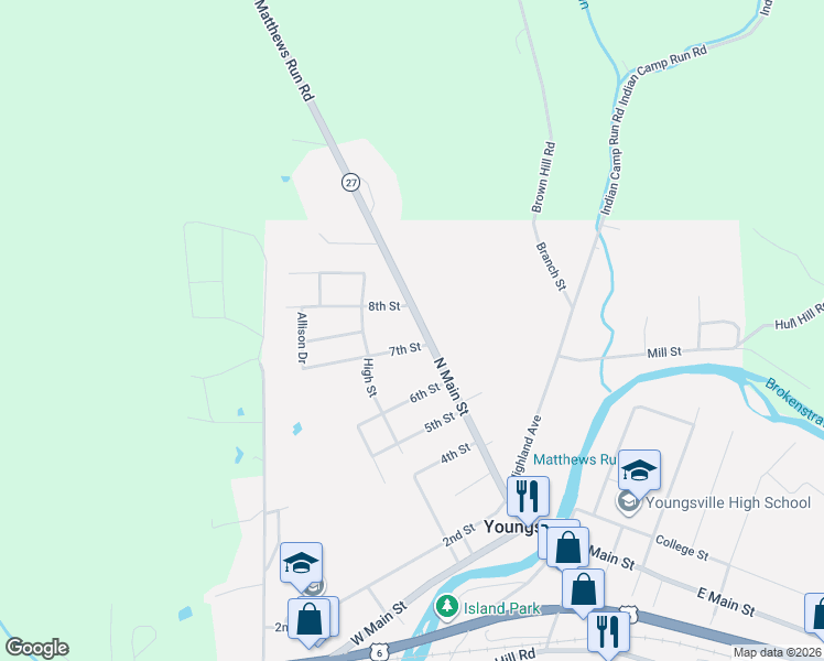 map of restaurants, bars, coffee shops, grocery stores, and more near 1-27 7th Street in Youngsville