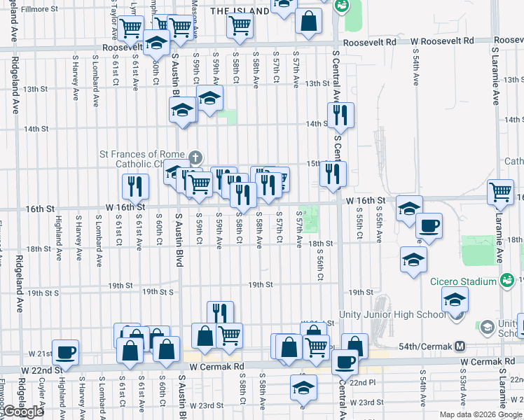 map of restaurants, bars, coffee shops, grocery stores, and more near 1618 South 58th Avenue in Cicero