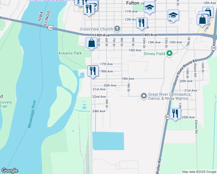 map of restaurants, bars, coffee shops, grocery stores, and more near 518 21st Avenue in Fulton