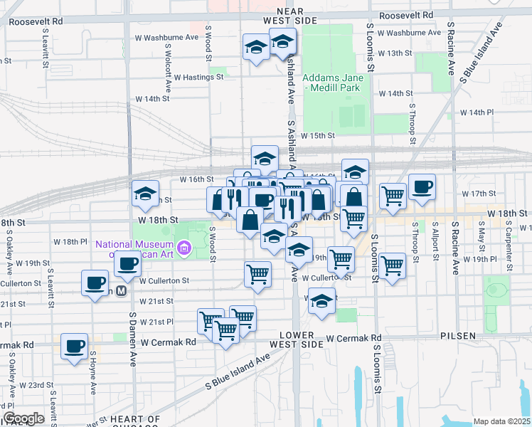 map of restaurants, bars, coffee shops, grocery stores, and more near 1640 West 18th Street in Chicago