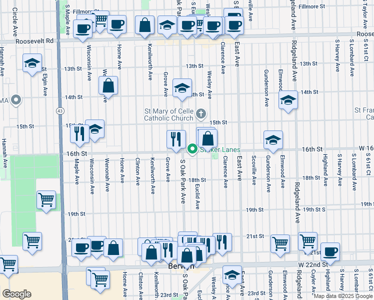 map of restaurants, bars, coffee shops, grocery stores, and more near 1607 Oak Park Avenue in Berwyn