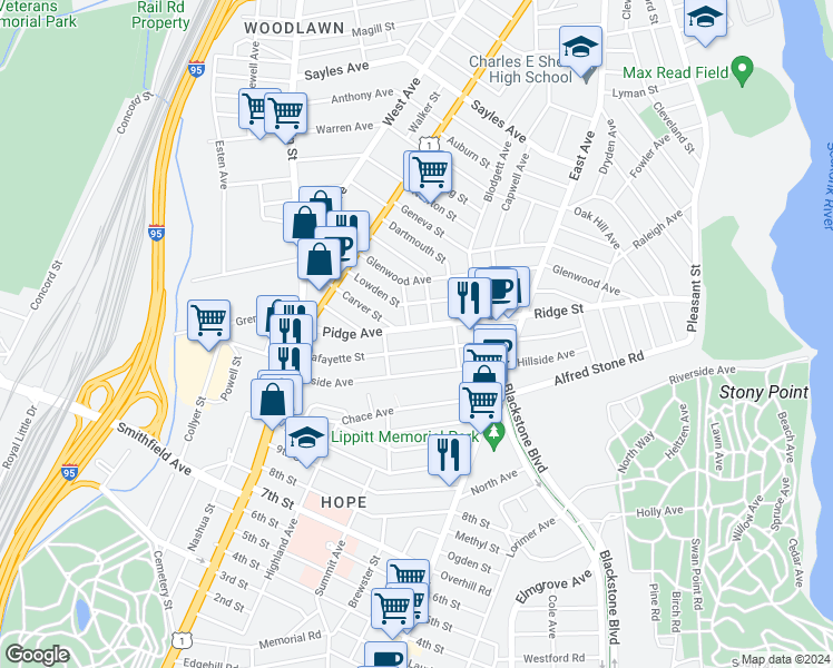 map of restaurants, bars, coffee shops, grocery stores, and more near 176 Lafayette Street in Pawtucket
