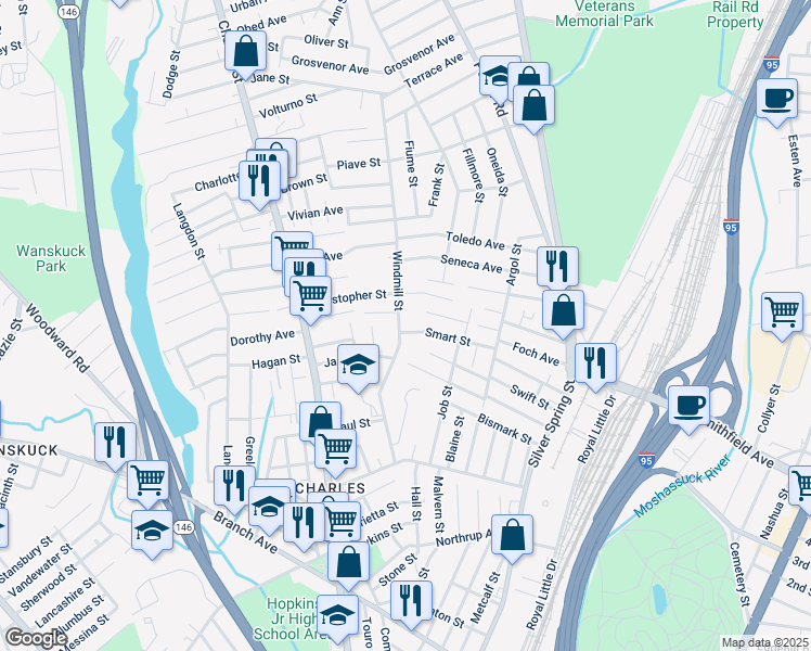 map of restaurants, bars, coffee shops, grocery stores, and more near 140 Windmill Street in Providence