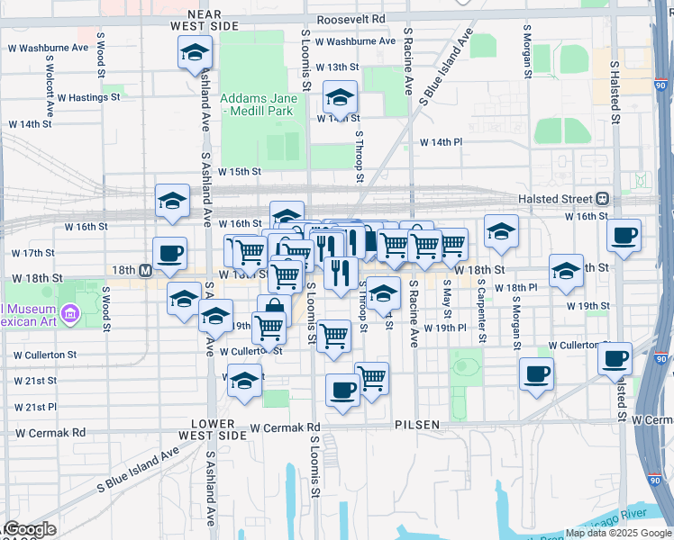 map of restaurants, bars, coffee shops, grocery stores, and more near 1327 West 18th Street in Chicago