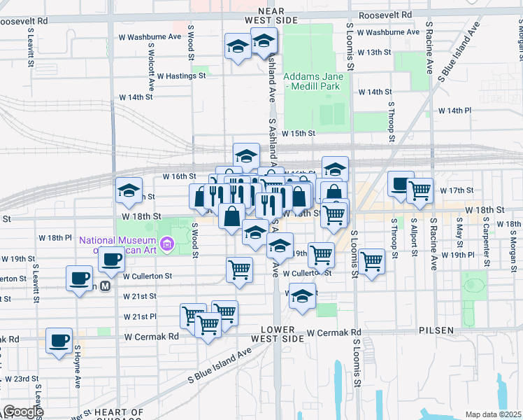 map of restaurants, bars, coffee shops, grocery stores, and more near 1631 West 18th Street in Chicago