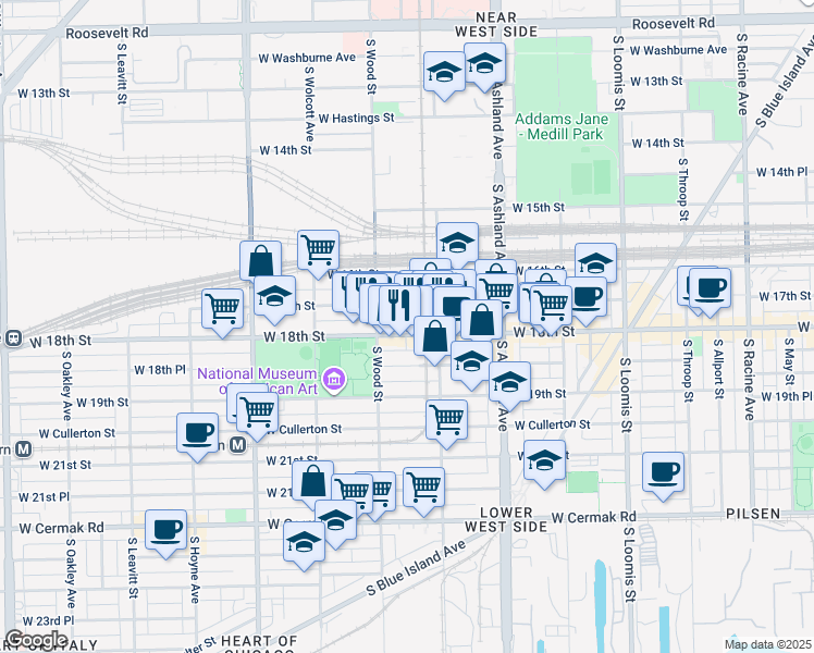 map of restaurants, bars, coffee shops, grocery stores, and more near 1747 West 18th Street in Chicago