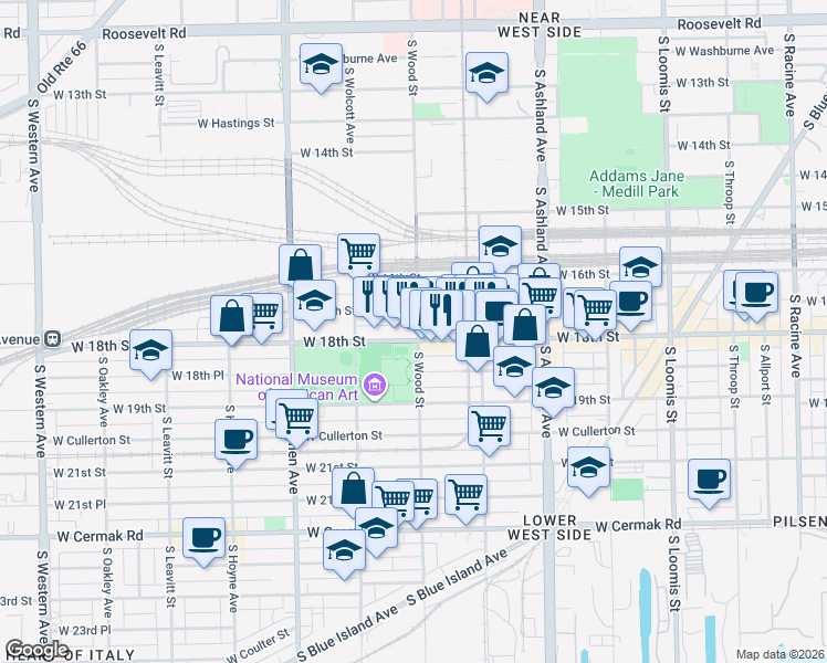 map of restaurants, bars, coffee shops, grocery stores, and more near 1824 South Wood Street in Chicago