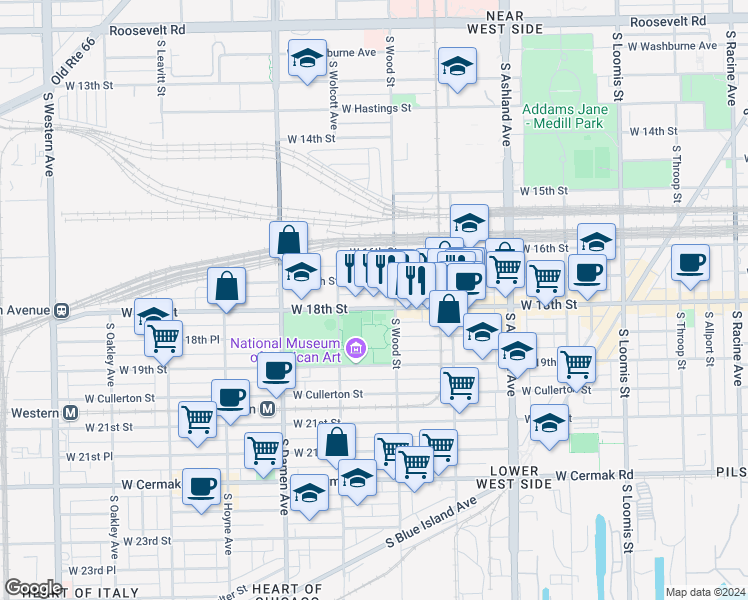 map of restaurants, bars, coffee shops, grocery stores, and more near 1824 South Wood Street in Chicago