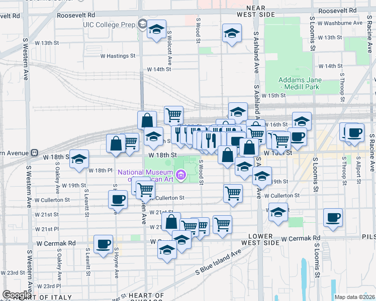 map of restaurants, bars, coffee shops, grocery stores, and more near 1824 South Wood Street in Chicago