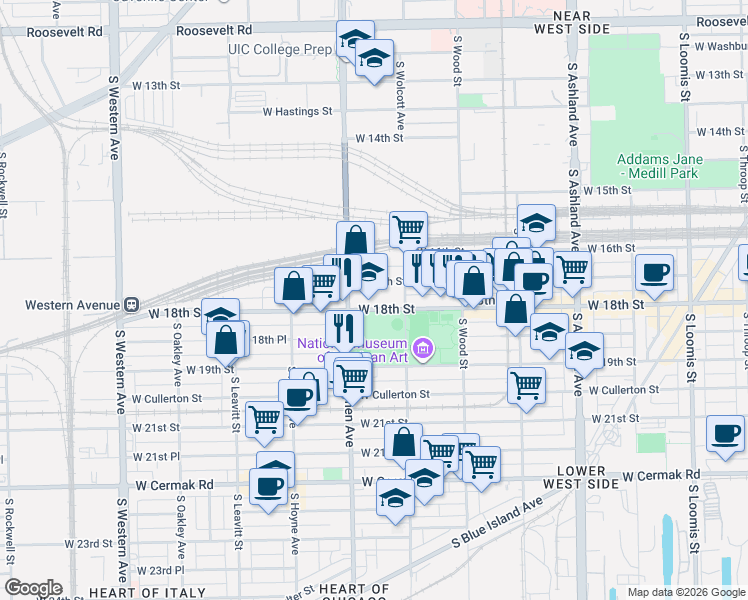 map of restaurants, bars, coffee shops, grocery stores, and more near 1901-1999 West 18th Street in Chicago
