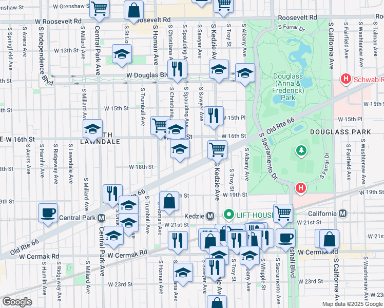 map of restaurants, bars, coffee shops, grocery stores, and more near 3300 West Ogden Avenue in Chicago