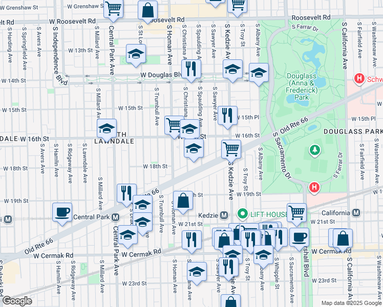 map of restaurants, bars, coffee shops, grocery stores, and more near 3300 West Ogden Avenue in Chicago