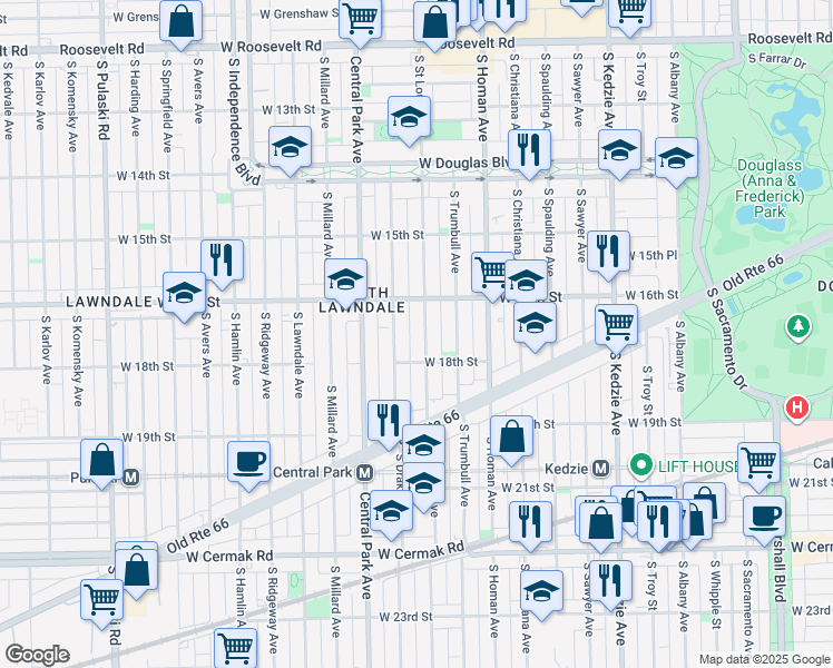 map of restaurants, bars, coffee shops, grocery stores, and more near 1651 South Saint Louis Avenue in Chicago