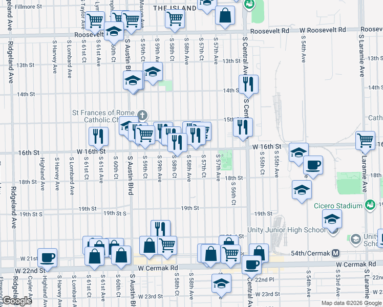map of restaurants, bars, coffee shops, grocery stores, and more near 1618 South 58th Avenue in Cicero