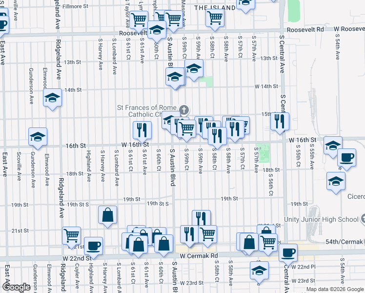 map of restaurants, bars, coffee shops, grocery stores, and more near 1615 South 59th Court in Cicero