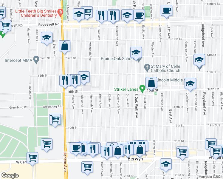 map of restaurants, bars, coffee shops, grocery stores, and more near 6906 16th Street in Berwyn