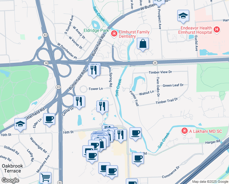 map of restaurants, bars, coffee shops, grocery stores, and more near 141 Spring Road in Oakbrook Terrace