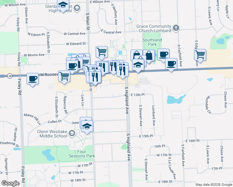 map of restaurants, bars, coffee shops, grocery stores, and more near 111 East 13th Place in Lombard