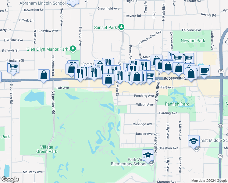 map of restaurants, bars, coffee shops, grocery stores, and more near 54 South Main Street in Glen Ellyn