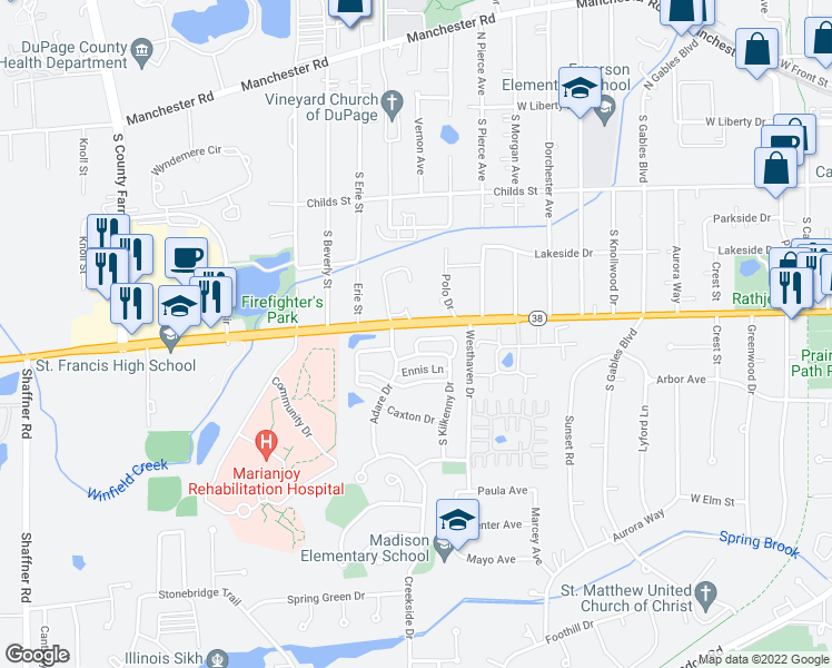 map of restaurants, bars, coffee shops, grocery stores, and more near 1776 Grosvenor Circle in Wheaton