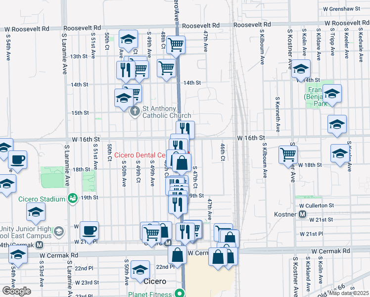 map of restaurants, bars, coffee shops, grocery stores, and more near 1627 South Cicero Avenue in Cicero