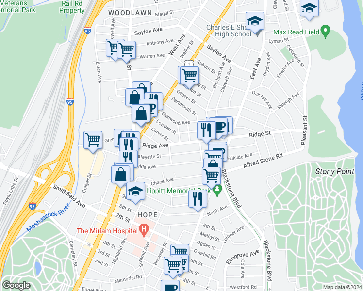 map of restaurants, bars, coffee shops, grocery stores, and more near 90 Pidge Avenue in Pawtucket