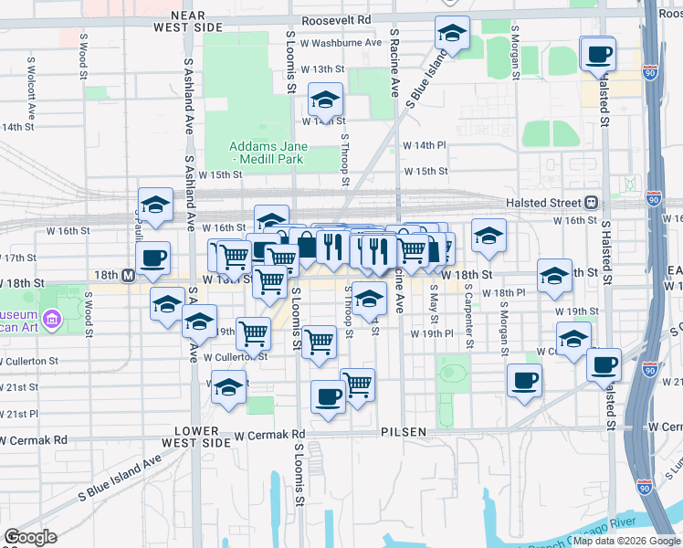 map of restaurants, bars, coffee shops, grocery stores, and more near 1310 West 18th Street in Chicago