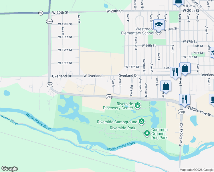 map of restaurants, bars, coffee shops, grocery stores, and more near 1102 Avenue R in Scottsbluff