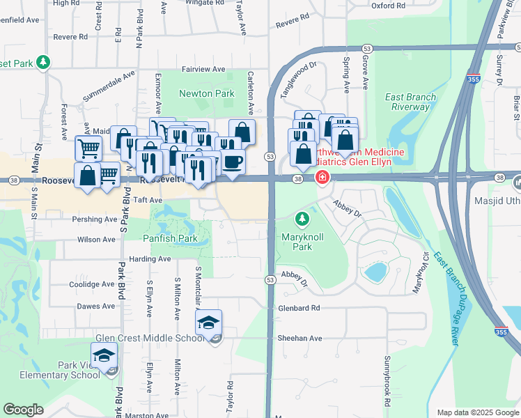 map of restaurants, bars, coffee shops, grocery stores, and more near 799 Roosevelt Road in Glen Ellyn