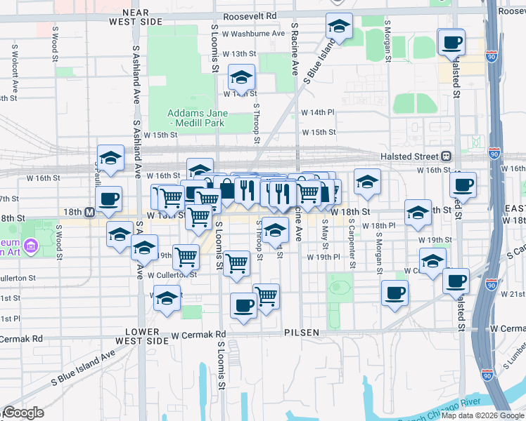 map of restaurants, bars, coffee shops, grocery stores, and more near 1659 South Throop Street in Chicago