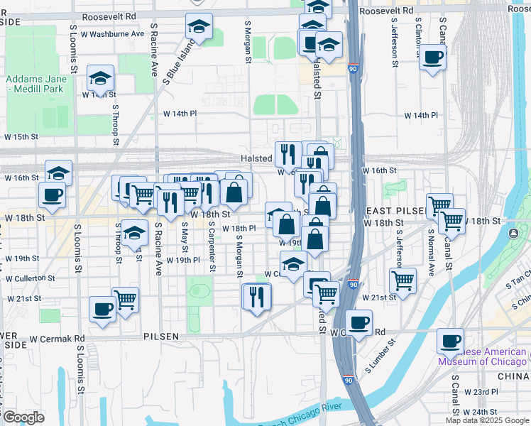 map of restaurants, bars, coffee shops, grocery stores, and more near 934 West 18th Street in Chicago