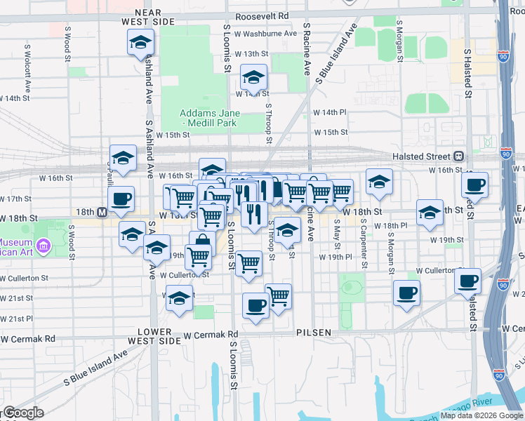 map of restaurants, bars, coffee shops, grocery stores, and more near 1310 West 18th Street in Chicago