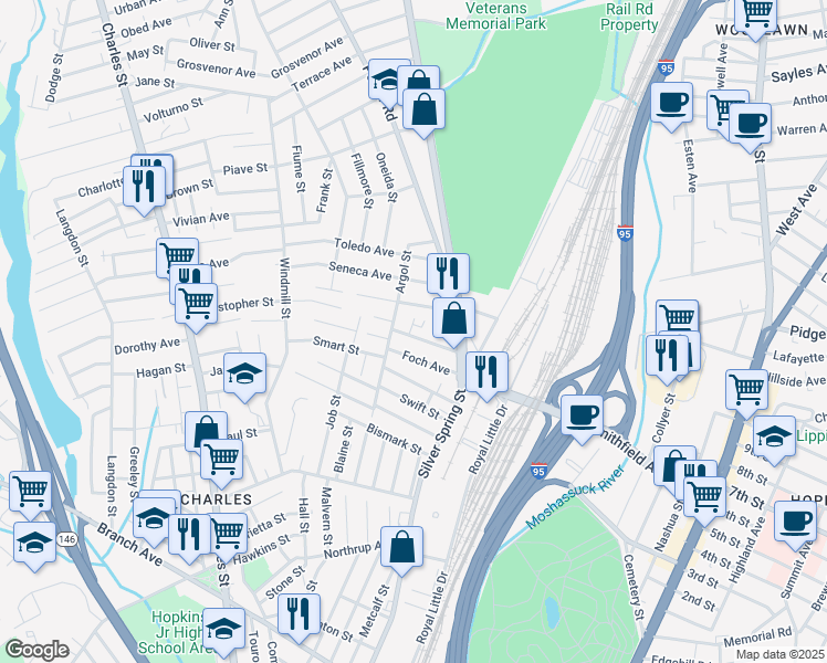 map of restaurants, bars, coffee shops, grocery stores, and more near 51 Nellie Street in Providence
