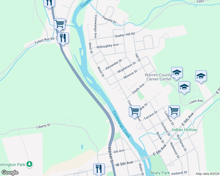 map of restaurants, bars, coffee shops, grocery stores, and more near 1 New Street in Warren
