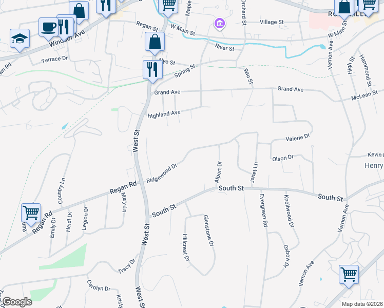 map of restaurants, bars, coffee shops, grocery stores, and more near 33 Ridgewood Drive in Vernon