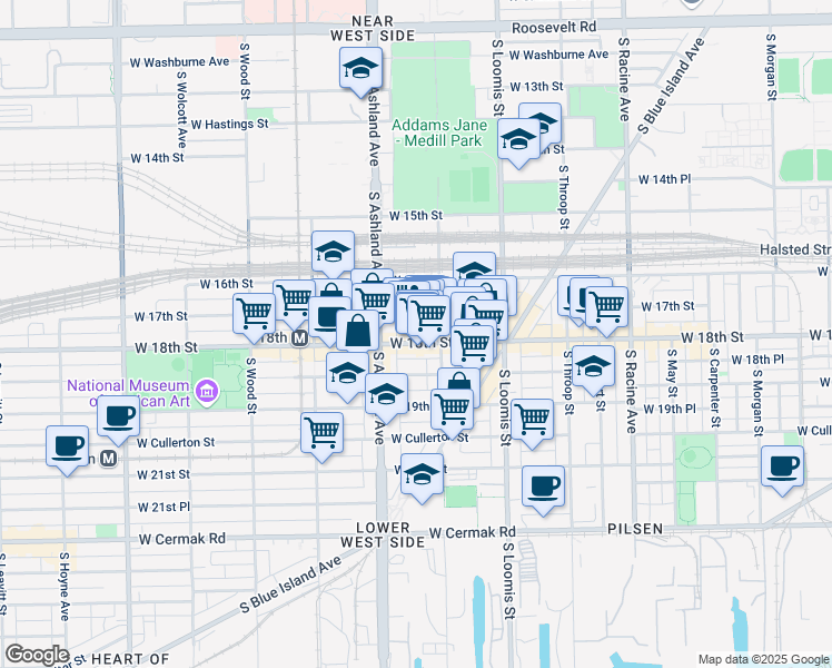 map of restaurants, bars, coffee shops, grocery stores, and more near 1502 West 18th Street in Chicago