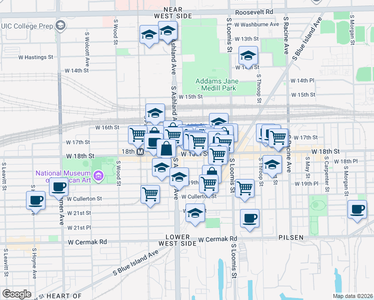 map of restaurants, bars, coffee shops, grocery stores, and more near 1502 West 18th Street in Chicago