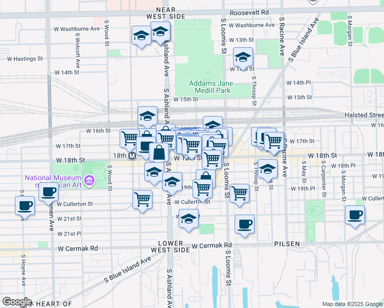 map of restaurants, bars, coffee shops, grocery stores, and more near 1502 West 18th Street in Chicago